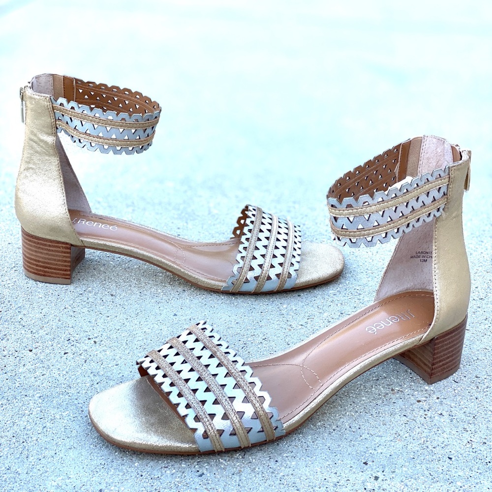 j.RENEE metallic sandals gold silver leather heeled sandal ankle strap women’s